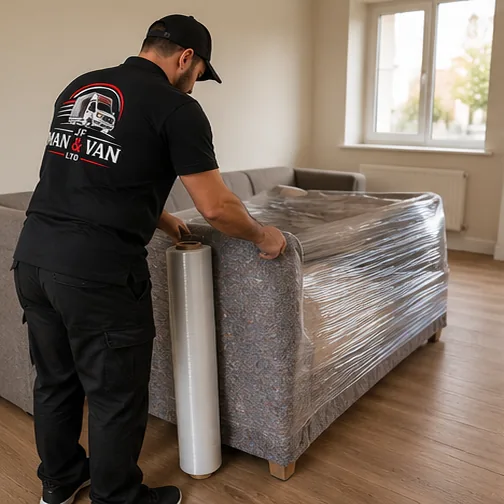 Mover wrapping furniture with protective film before transport